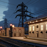**

Prompt: Electrical substation with aging equipment, flickering city lights, depicting a voltage drop scenario. Focus on a sense of urgency and potential danger.

**