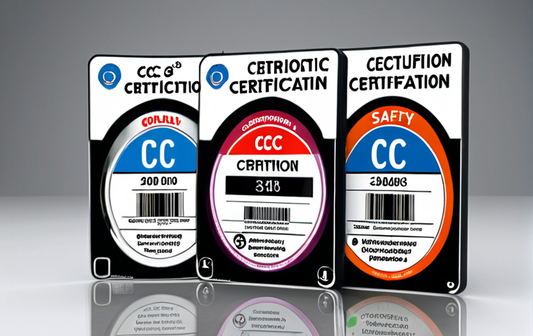 **Image Prompt:** Electronic product safety certification labels on various devices, highlighting CCC certification logo, with a focus on product quality and security standards, modern tech style.