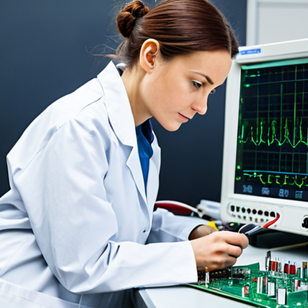 A focused female hardware engineer in a white lab coat over a modest professional shirt and trousers, meticulously examining a complex circuit board with a magnifying glass and a precision multimeter on a clean, well-lit workbench filled with modern electronic testing equipment like oscilloscopes and soldering stations. The background is a blurred, organized high-tech lab. Perfect anatomy, correct proportions, natural pose, well-formed hands, proper finger count, natural body proportions, professional photography, high quality, intricate details, fully clothed, appropriate attire, professional dress, safe for work, appropriate content, professional.
