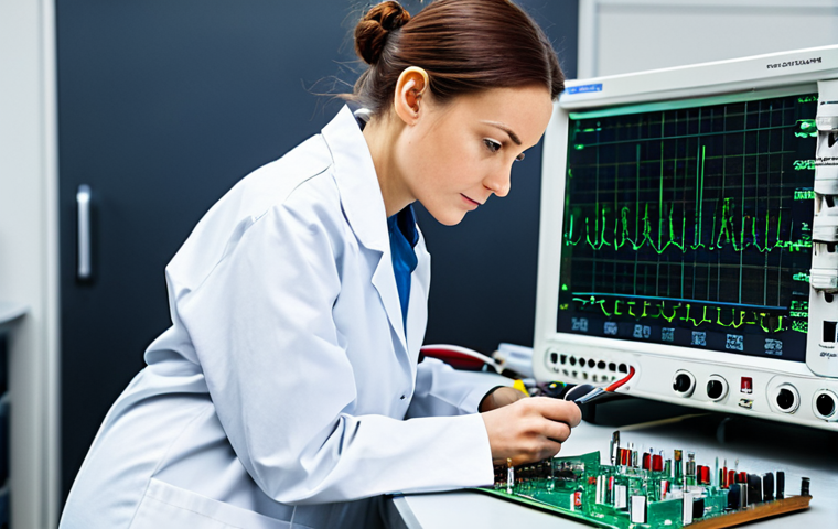 A focused female hardware engineer in a white lab coat over a modest professional shirt and trousers, meticulously examining a complex circuit board with a magnifying glass and a precision multimeter on a clean, well-lit workbench filled with modern electronic testing equipment like oscilloscopes and soldering stations. The background is a blurred, organized high-tech lab. Perfect anatomy, correct proportions, natural pose, well-formed hands, proper finger count, natural body proportions, professional photography, high quality, intricate details, fully clothed, appropriate attire, professional dress, safe for work, appropriate content, professional.