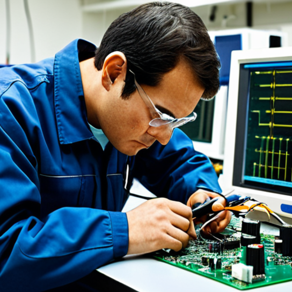 **
A focused electrical technician, fully clothed in appropriate work attire, carefully soldering components on a circuit board in a well-equipped electronics lab, safe for work, perfect anatomy, correct proportions, professional setting, well-lit, high quality.
**