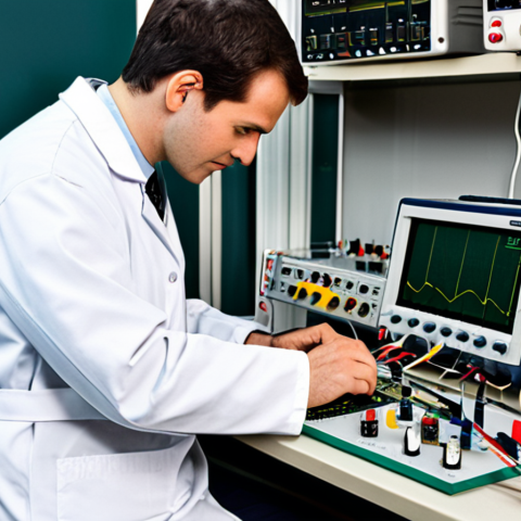Electronic Technician at Work**
A fully clothed electronic technician in a professional lab coat, working at a workbench with various electronic instruments (multimeter, oscilloscope). The background includes circuit boards and electronic components. Safe for work, appropriate content, professional, perfect anatomy, correct proportions, well-formed hands, proper finger count, natural pose, high quality.
**