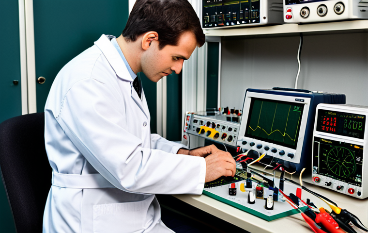 Electronic Technician at Work**

A fully clothed electronic technician in a professional lab coat, working at a workbench with various electronic instruments (multimeter, oscilloscope). The background includes circuit boards and electronic components. Safe for work, appropriate content, professional, perfect anatomy, correct proportions, well-formed hands, proper finger count, natural pose, high quality.

**