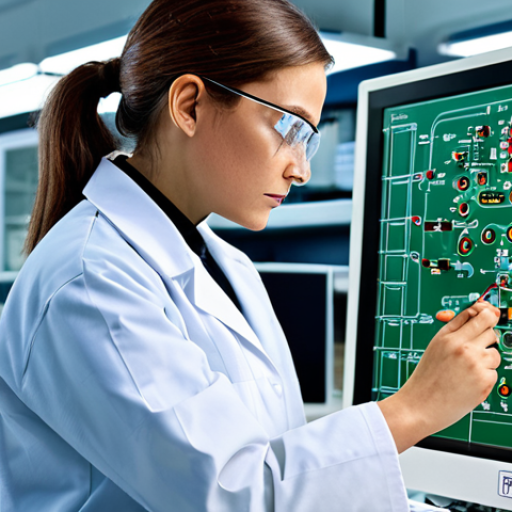 **
"A professional female engineer in a clean, modern laboratory, fully clothed in a lab coat and safety glasses, examining a complex circuit board. Background includes various scientific instruments and monitors displaying data. Perfect anatomy, correct proportions, natural pose, well-formed hands, proper finger count, safe for work, appropriate content, fully clothed, professional, high quality."
**