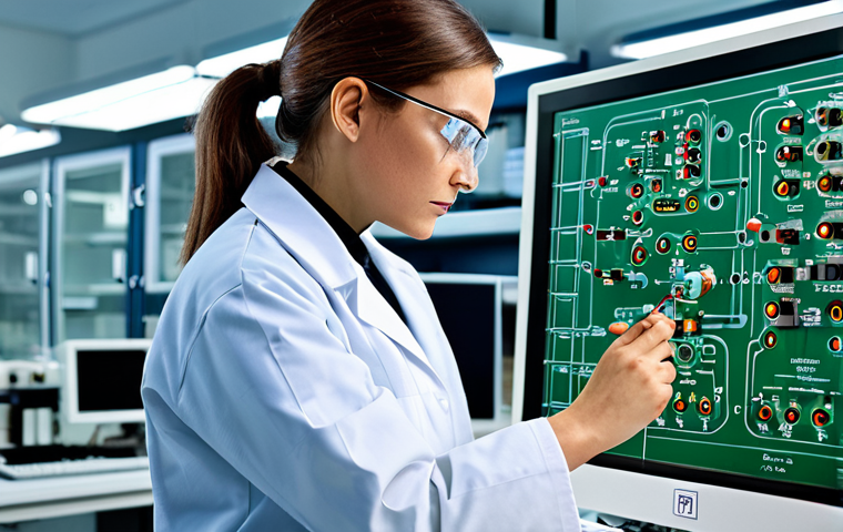 **

"A professional female engineer in a clean, modern laboratory, fully clothed in a lab coat and safety glasses, examining a complex circuit board.  Background includes various scientific instruments and monitors displaying data.  Perfect anatomy, correct proportions, natural pose, well-formed hands, proper finger count, safe for work, appropriate content, fully clothed, professional, high quality."

**