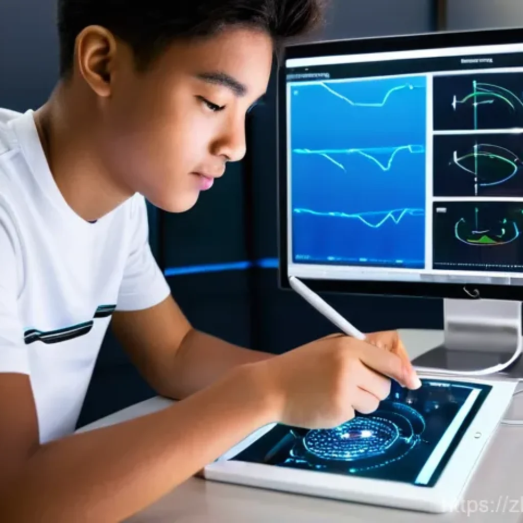 전자기술사 공부를 위한 필수 앱 - **Prompt 1: Immersive Virtual Circuit Lab**
A young, focused electrical engineering student, age...