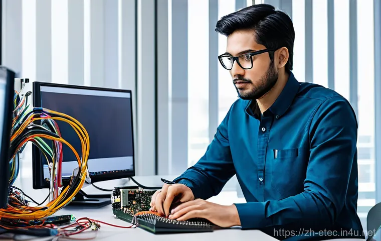 전자기술사와 직무 관련 최신 기술 학습 - **Prompt:** A focused electronic engineer, mid-career, with a determined expression, either male or ...