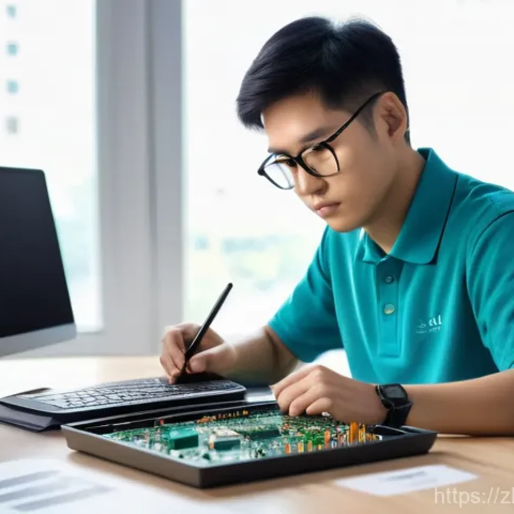 전자기술사 실기시험의 성공 전략 - A young, focused East Asian electronic engineer, dressed in a smart casual polo shirt, diligently st...