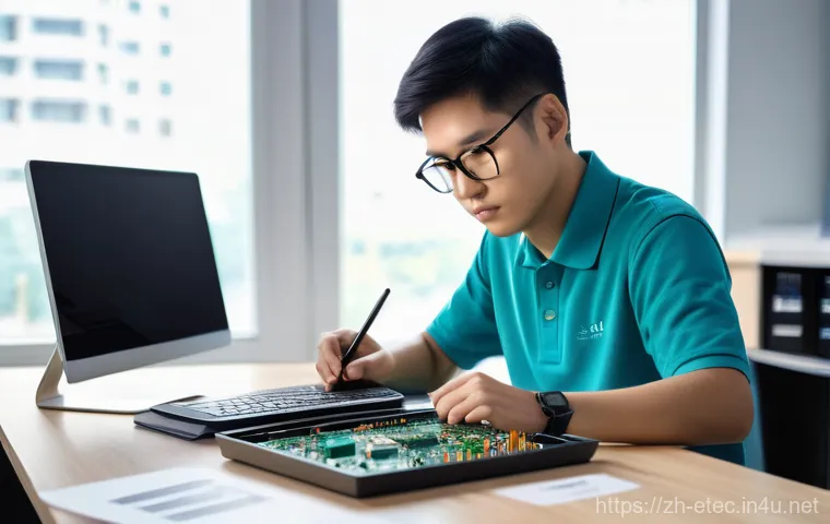 전자기술사 실기시험의 성공 전략 - A young, focused East Asian electronic engineer, dressed in a smart casual polo shirt, diligently st...