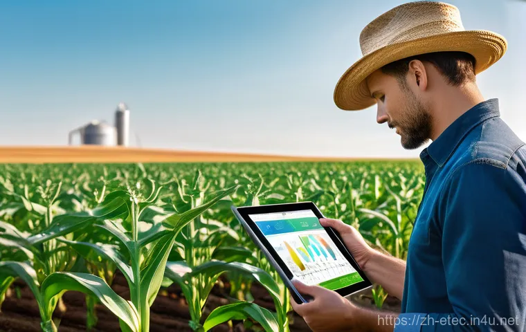 전자기술사와 관련된 프로젝트 경험 공유 - A futuristic smart farm, bathed in warm sunlight. In the foreground, a diverse array of advanced agr...