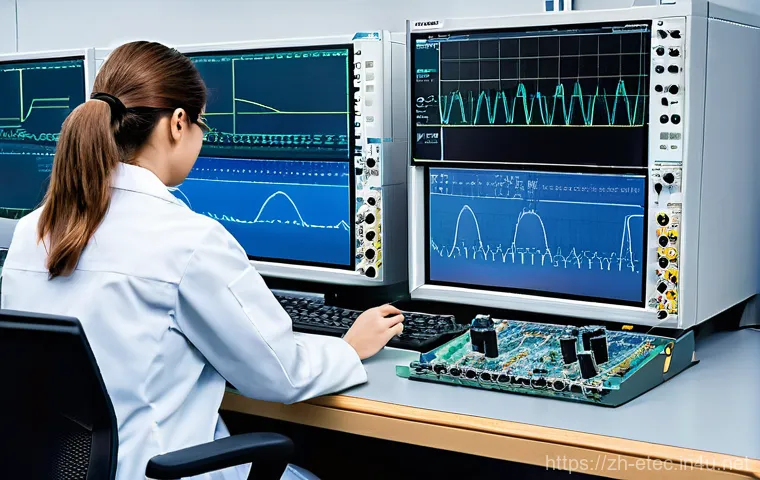 전자기술사와 전자기학 이론 학습 사례 - **Prompt 1: EMC Troubleshooting in a Modern Lab**
    "A highly detailed, realistic image of an elec...