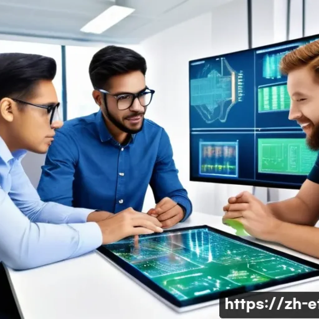 전자기술사와 기술적 의사소통 역량 개발 - A modern electronic engineering team collaborating in a high-tech office, diverse engineers from dif...