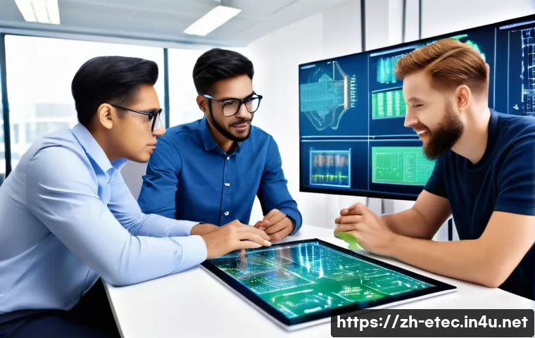 전자기술사와 기술적 의사소통 역량 개발 - A modern electronic engineering team collaborating in a high-tech office, diverse engineers from dif...