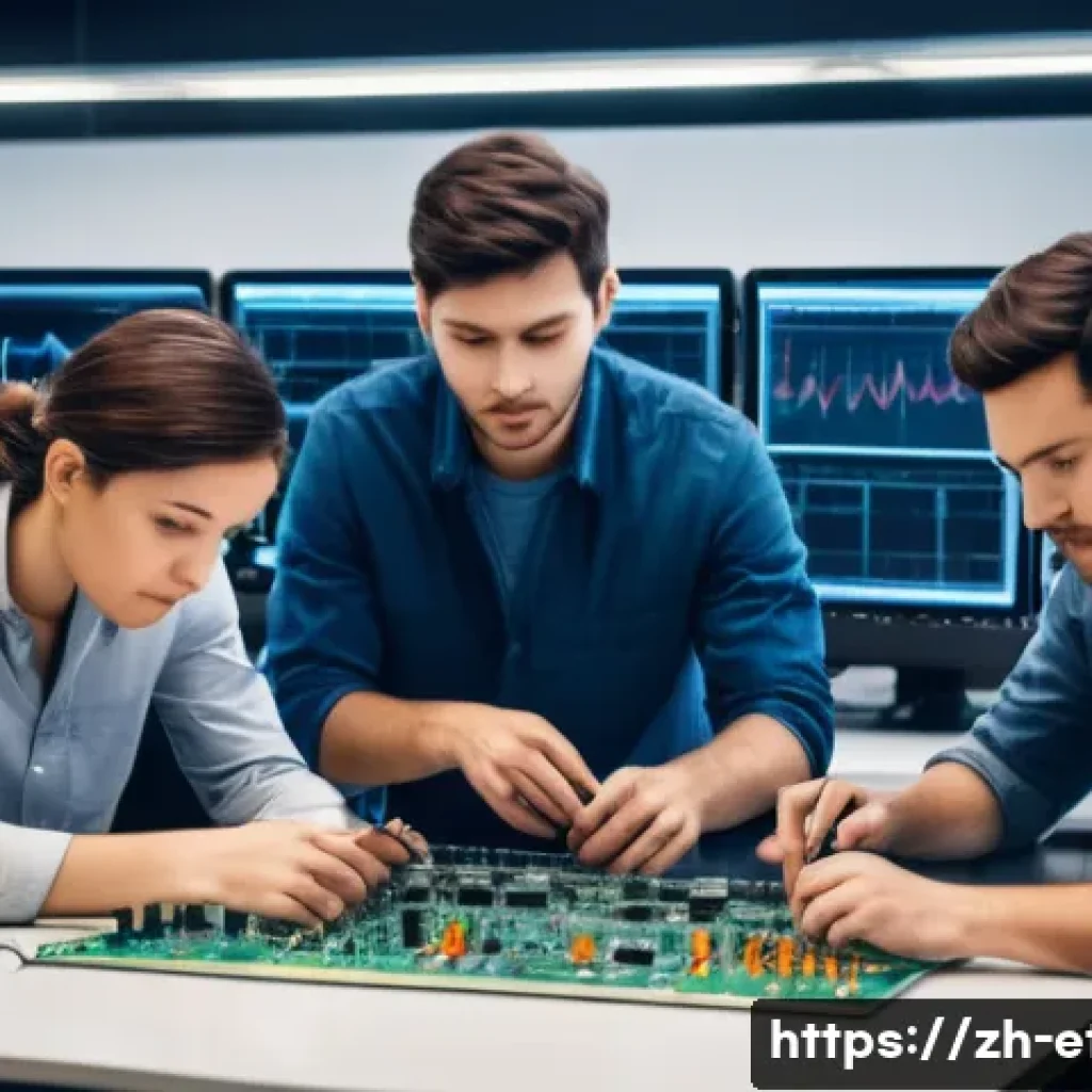 전자기술사 필기시험 과목별 예상 난이도 - A modern electronics laboratory scene featuring a diverse group of young adult engineers in casual w...