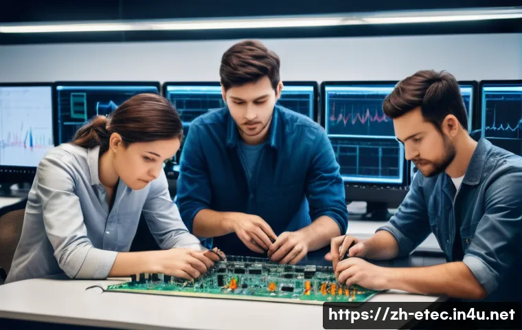 전자기술사 필기시험 과목별 예상 난이도 - A modern electronics laboratory scene featuring a diverse group of young adult engineers in casual w...