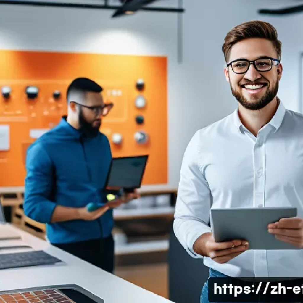 전자기술사 자격증 취득 후 창업 성공 사례 - A modern startup office scene featuring a confident electronic technician wearing professional attir...