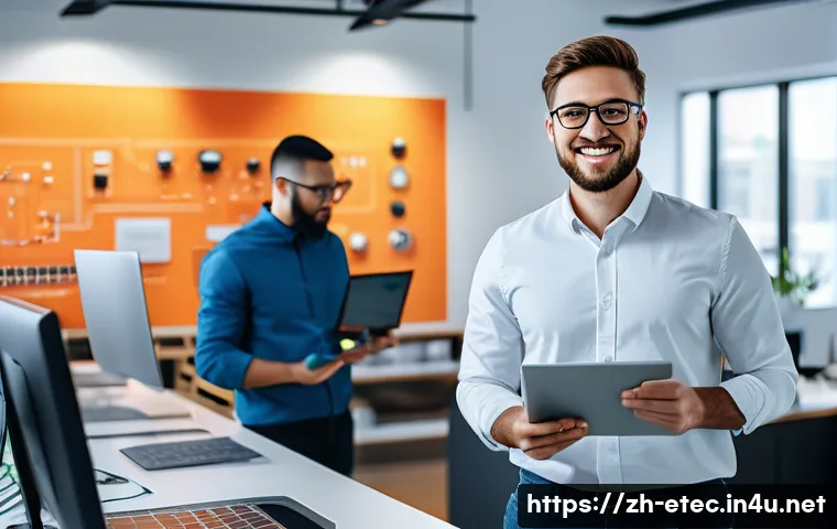 전자기술사 자격증 취득 후 창업 성공 사례 - A modern startup office scene featuring a confident electronic technician wearing professional attir...