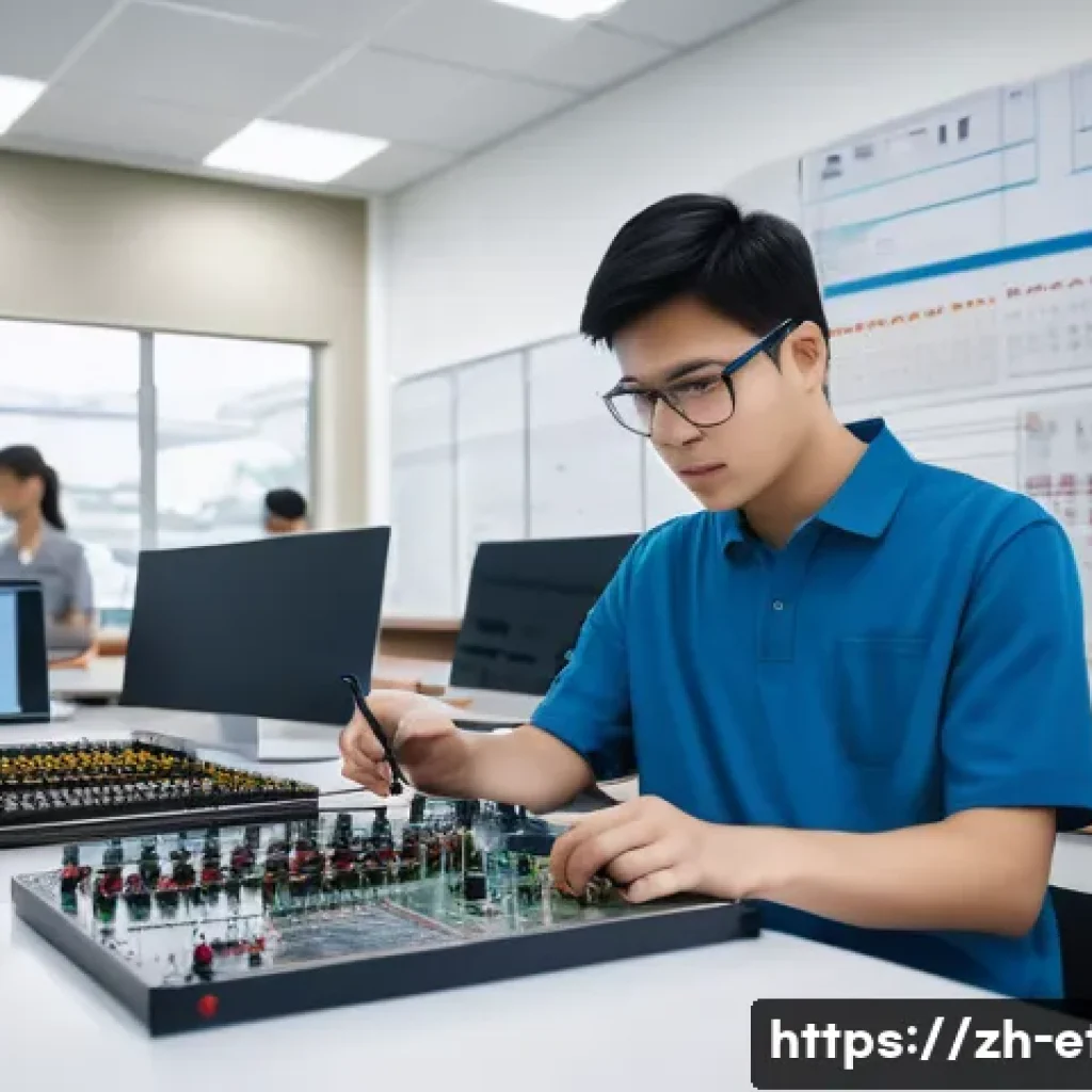 전자기술사와 실무 중심 학습 사례 - A modern electronics laboratory scene showing a young adult engineer in casual attire working on a c...