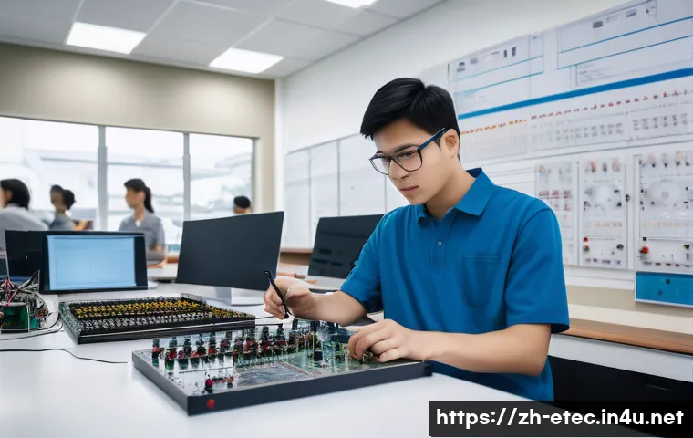 전자기술사와 실무 중심 학습 사례 - A modern electronics laboratory scene showing a young adult engineer in casual attire working on a c...