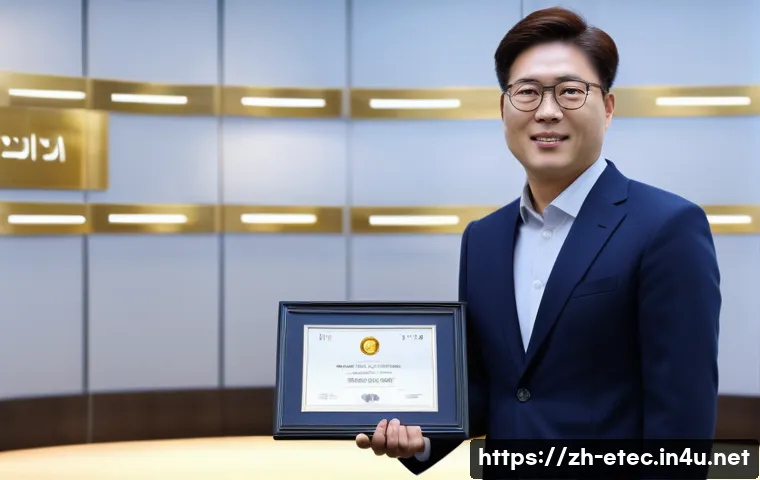 전자기술사와 관련된 국제 자격증 비교 - ) Photorealistic corporate award scene: a mid-career Korean electronics engineer (late 30s, smart-ca...