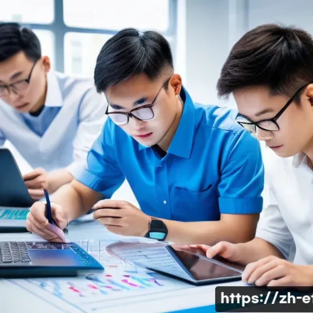 전자기술사 실무 과제 수행 방법 - A modern electronics laboratory scene showing a diverse team of young Chinese professionals collabor...