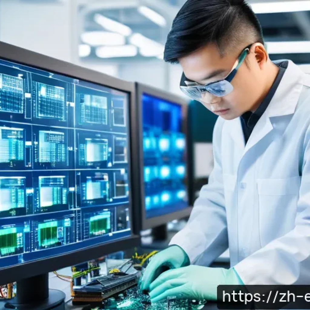 전자기술사와 전기기술사 차이 - A detailed scene of an electronics technician working in a modern high-tech laboratory, surrounded b...