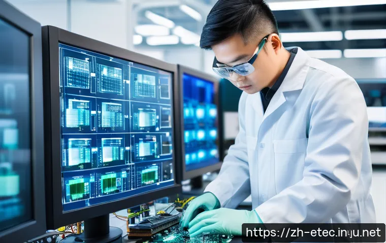 전자기술사와 전기기술사 차이 - A detailed scene of an electronics technician working in a modern high-tech laboratory, surrounded b...