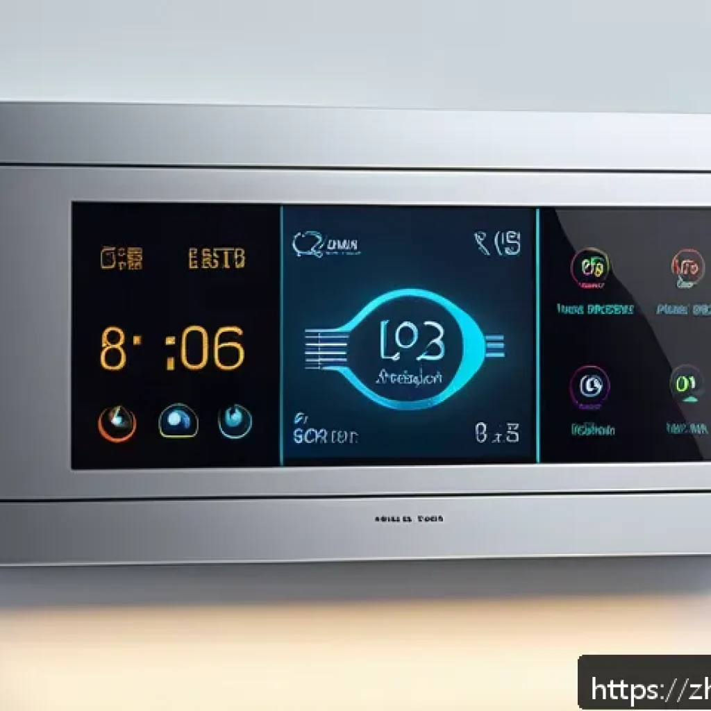 전자기술사와 최신 IT 기술의 접목 - A futuristic smart home control center featuring a sleek modular design with multiple interconnected...