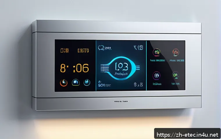 전자기술사와 최신 IT 기술의 접목 - A futuristic smart home control center featuring a sleek modular design with multiple interconnected...