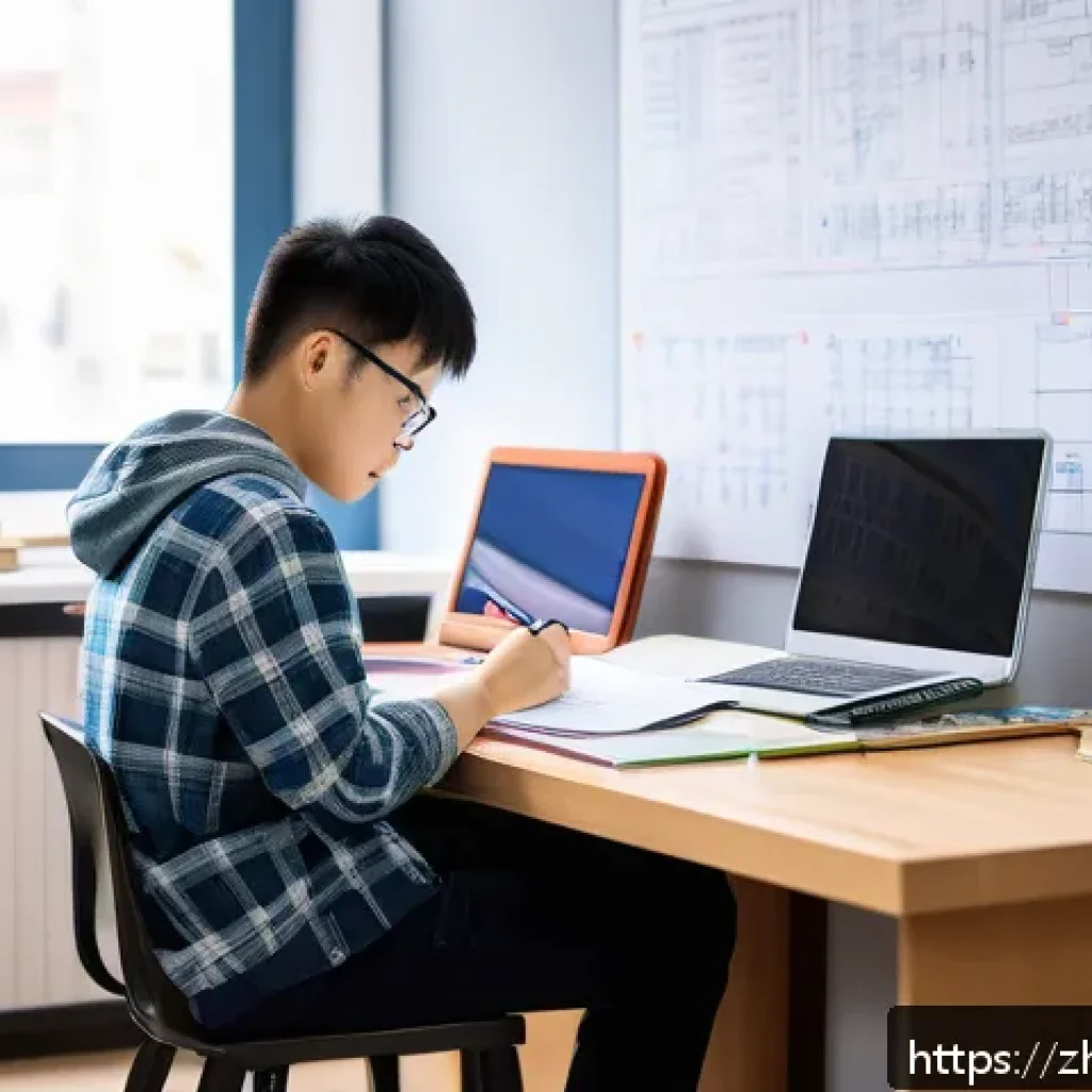 전자기술사 시험 준비 일정 관리 - A focused young adult Chinese student sitting at a modern study desk in a bright room, surrounded by...