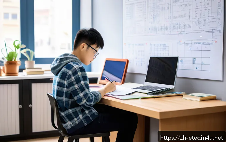 전자기술사 시험 준비 일정 관리 - A focused young adult Chinese student sitting at a modern study desk in a bright room, surrounded by...