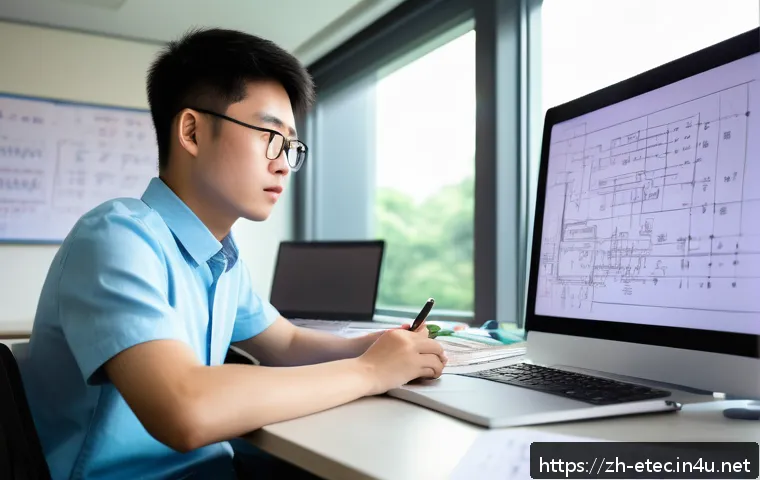 전자기술사와 관련된 시험 정보 공유 - A modern study room scene featuring a young Chinese adult male focused on electronic engineering exa...