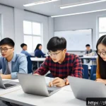 전자기술사 학습 모임 성공 사례 - A diverse study group of young Chinese adults in a modern study room, each person focused on differe...
