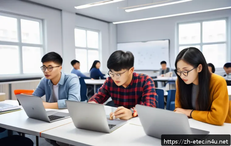 전자기술사 학습 모임 성공 사례 - A diverse study group of young Chinese adults in a modern study room, each person focused on differe...