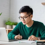 전자기술사 자격증 취득 비용 절감 방법 - A modern, cozy home study environment featuring a young Chinese adult using a laptop to attend an on...