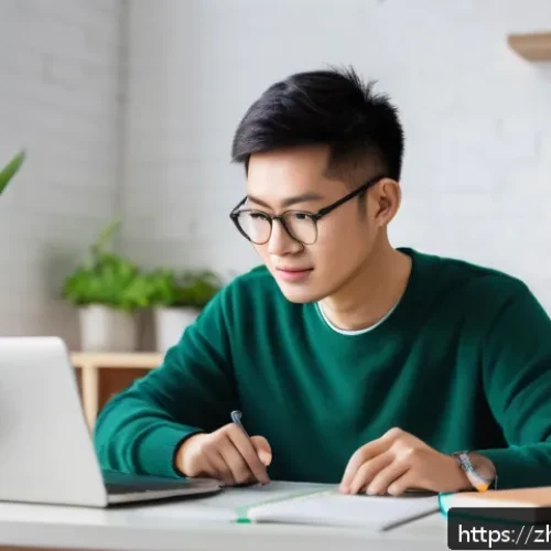 전자기술사 자격증 취득 비용 절감 방법 - A modern, cozy home study environment featuring a young Chinese adult using a laptop to attend an on...
