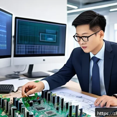 전자기술사와 직무 중심 자격증 활용 사례 - A professional electronic technician in a modern office environment, confidently presenting a comple...