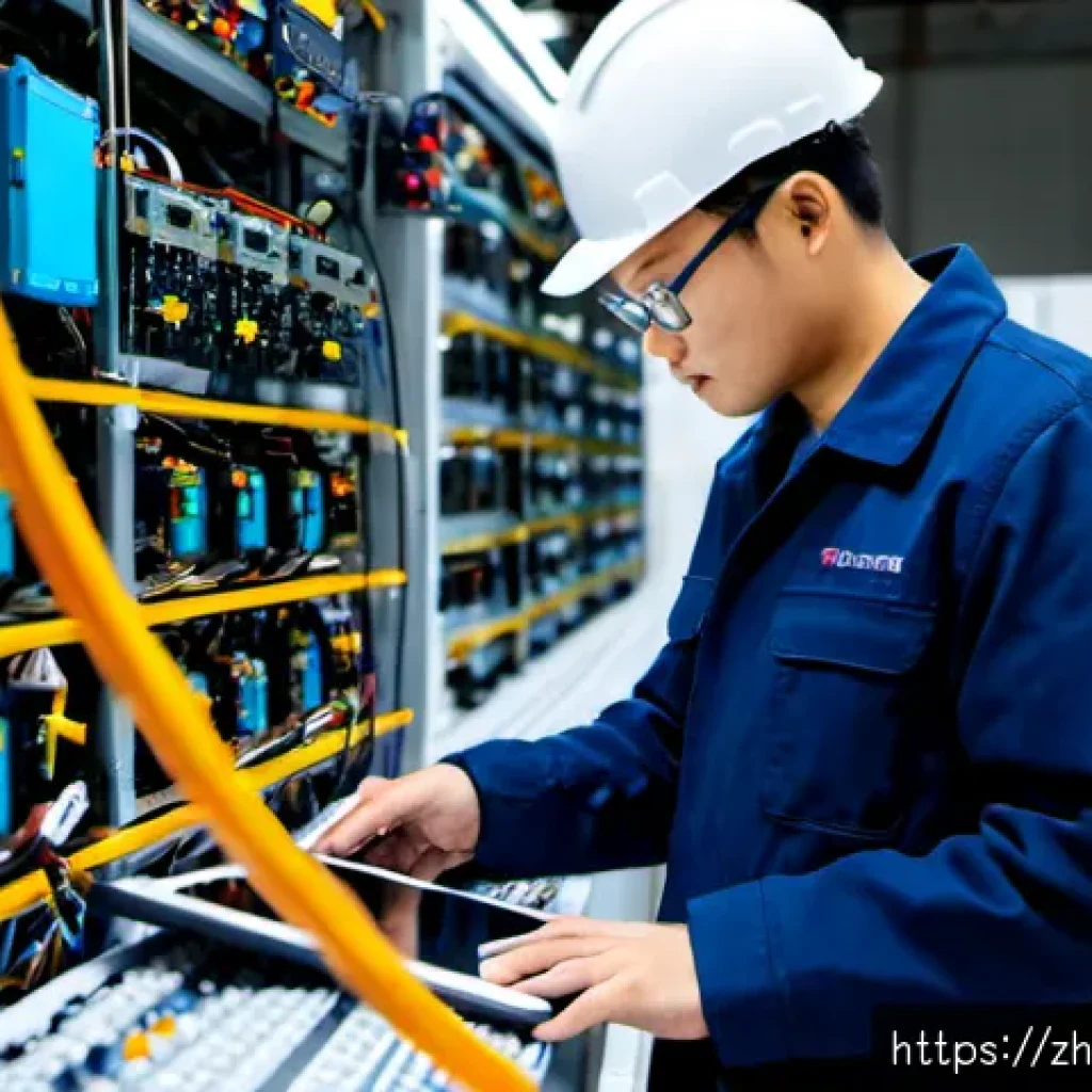 전자기술사와 전기 전자 융합 기술 사례 - Photorealistic smart factory scene, an experienced electrical engineer wearing safety glasses and a ...