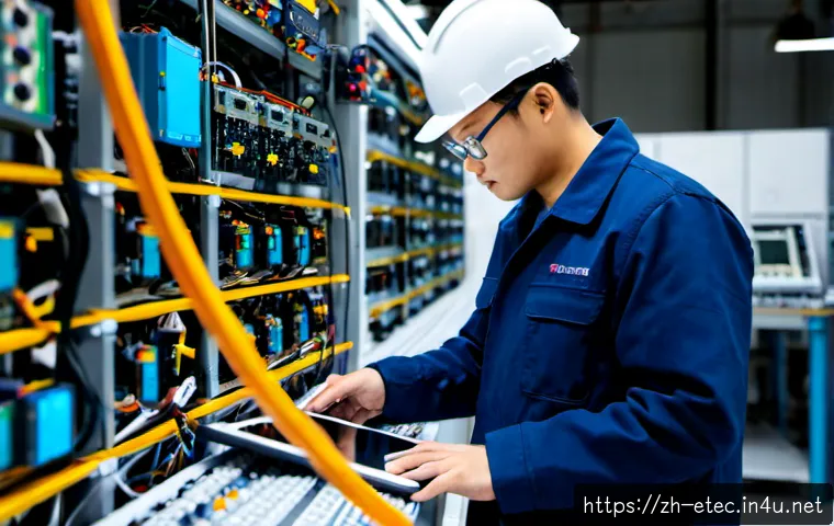 전자기술사와 전기 전자 융합 기술 사례 - Photorealistic smart factory scene, an experienced electrical engineer wearing safety glasses and a ...