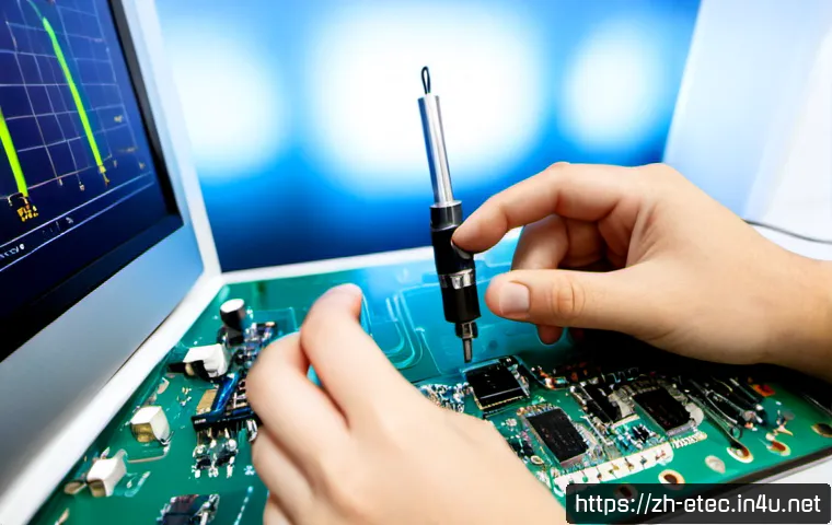 전자기술사와 관련된 최신 IT 기술 분석 - Photorealistic electronics engineering specialist analyzing a modern AI-enabled circuit board at a c...